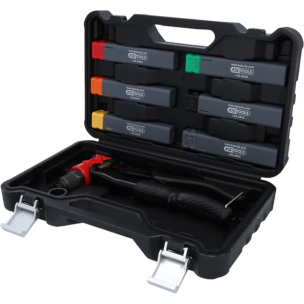 Schwarzer Werkzeugkoffer mit Nietenwerkzeug und Einsätzen. Die Einsätze sind farbig markiert und beschriftet.